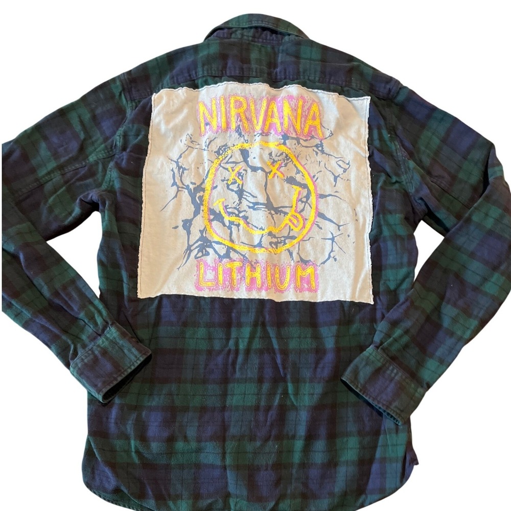 Trashion Nirvana Lithium Patch Plaid‎ Flannel Shirt Blue Green Slim Small HO15